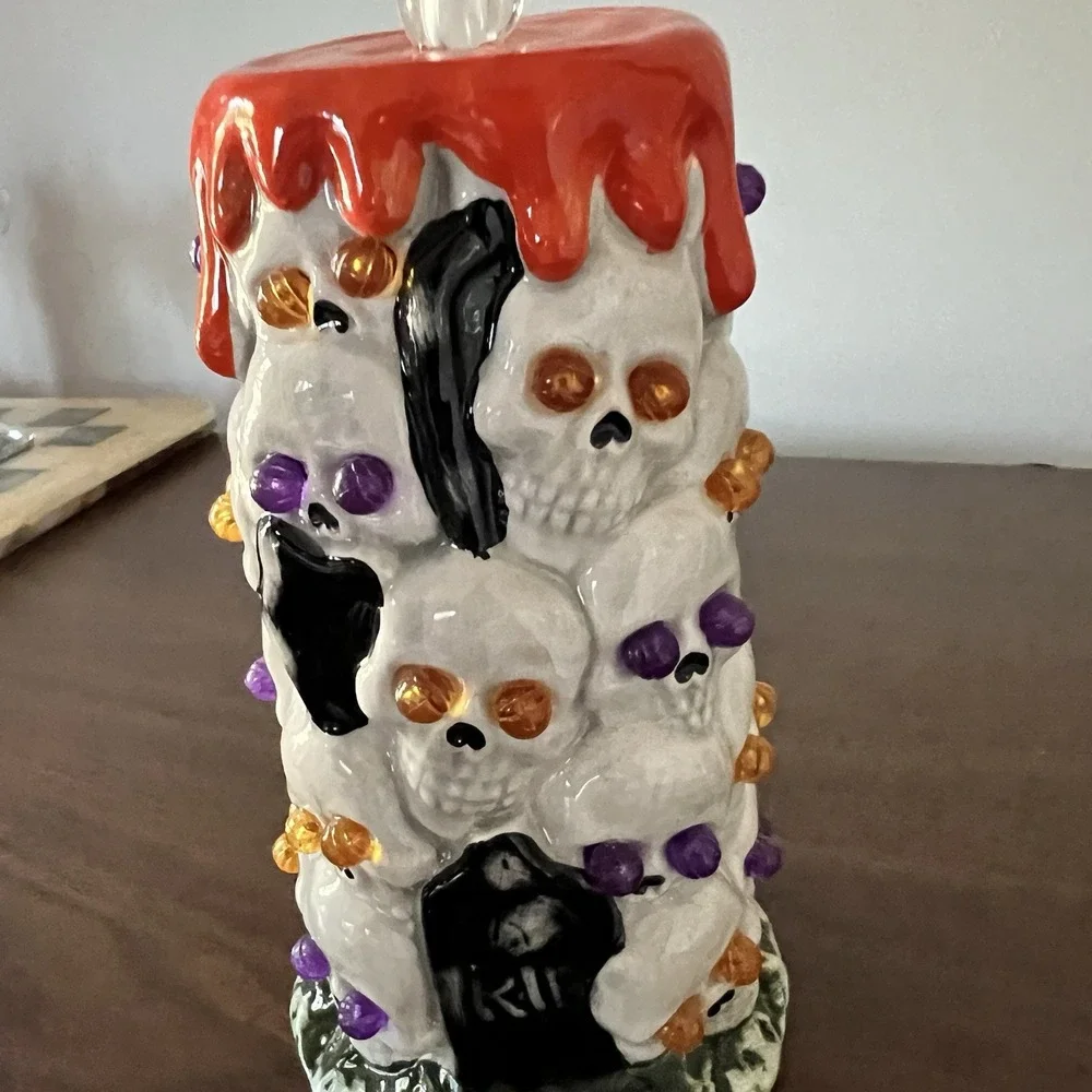 Ceramic Halloween Skull Candle Light Up Red Drip Purple Orange Eyes Decor